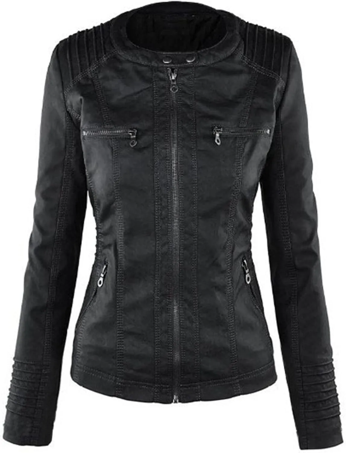 JEsilunmaMY Women's Hooded Leather Jacket Long Sleeve Zip Up Short Biker Coat with Pocket Slim Fit Motorcycle Bomber Outwear