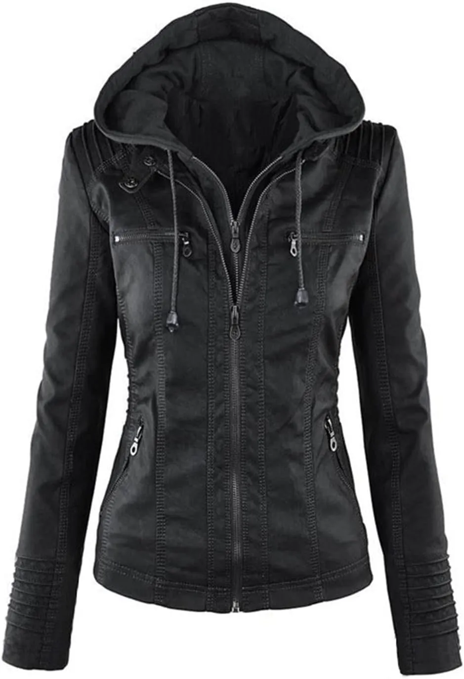 JEsilunmaMY Women's Hooded Leather Jacket Long Sleeve Zip Up Short Biker Coat with Pocket Slim Fit Motorcycle Bomber Outwear