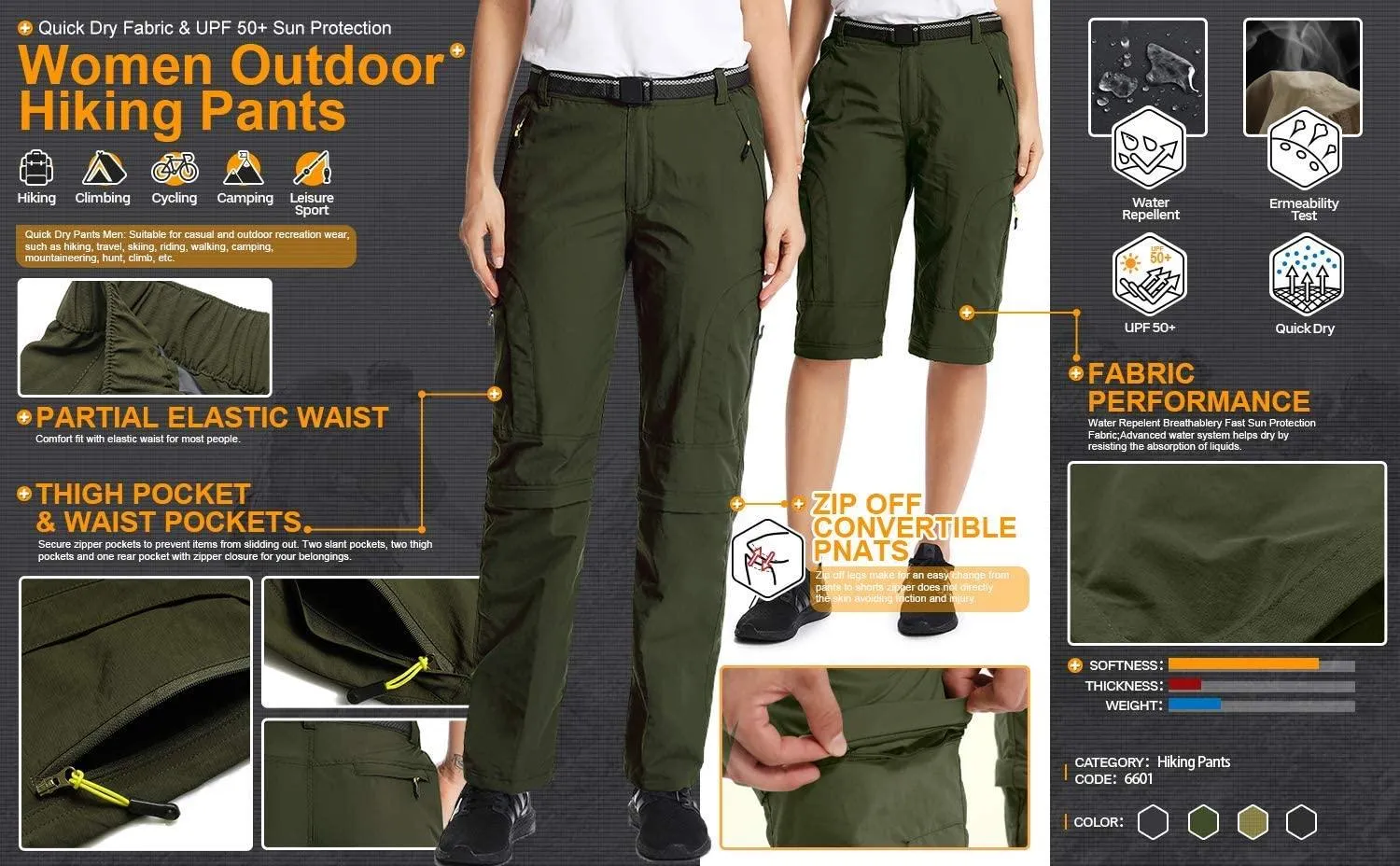 Jessie Kidden Walking Trousers Women Cargo Pants Waterproof Summer Lightweight Quick Dry Convertible Stretch Outdoor Casual UPF 50 Running Cycling Zip Off Capri