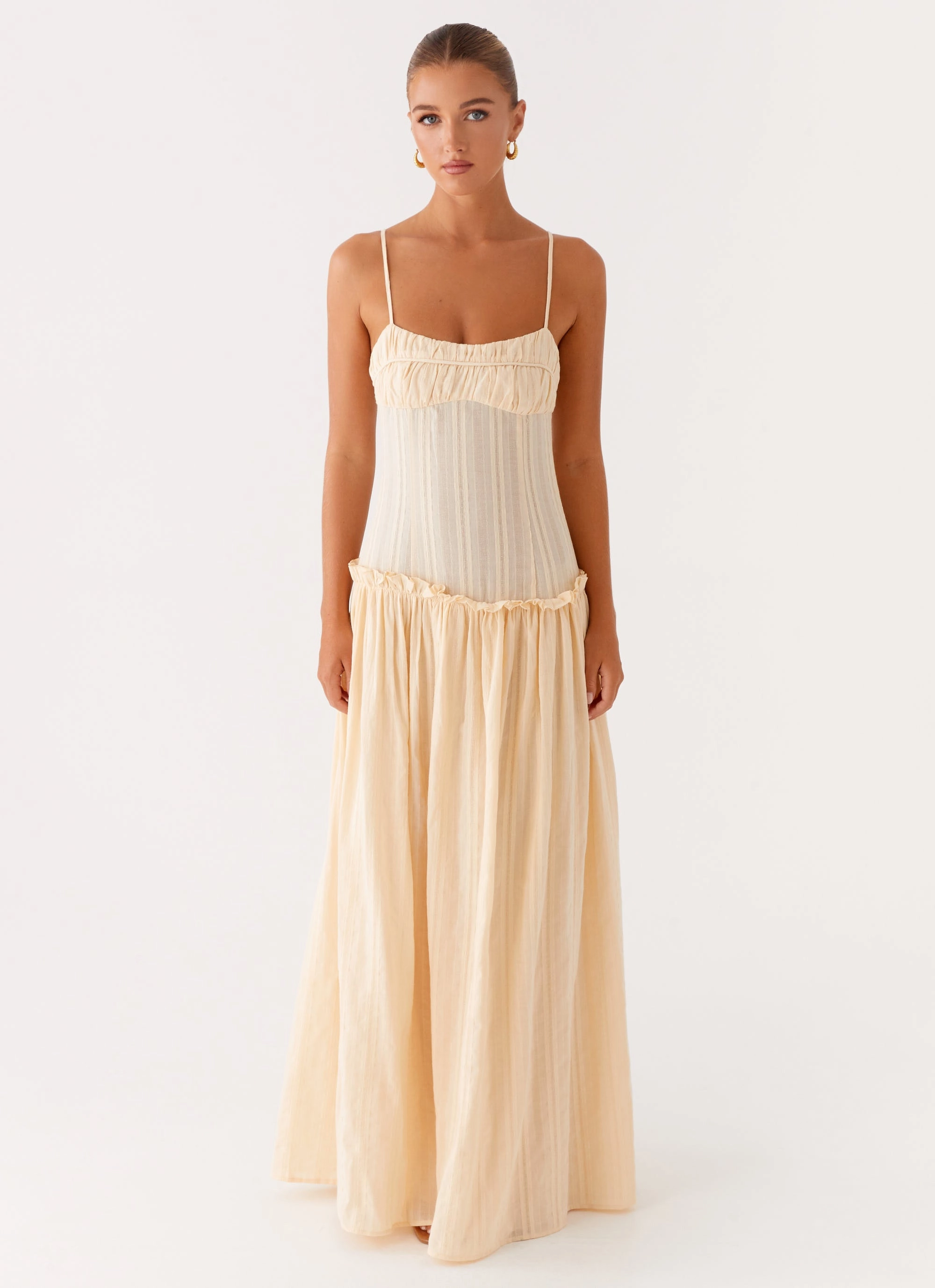 Chill Piece Velvet-Sleeve Jacinda Drop Waist Maxi Dress - Cream