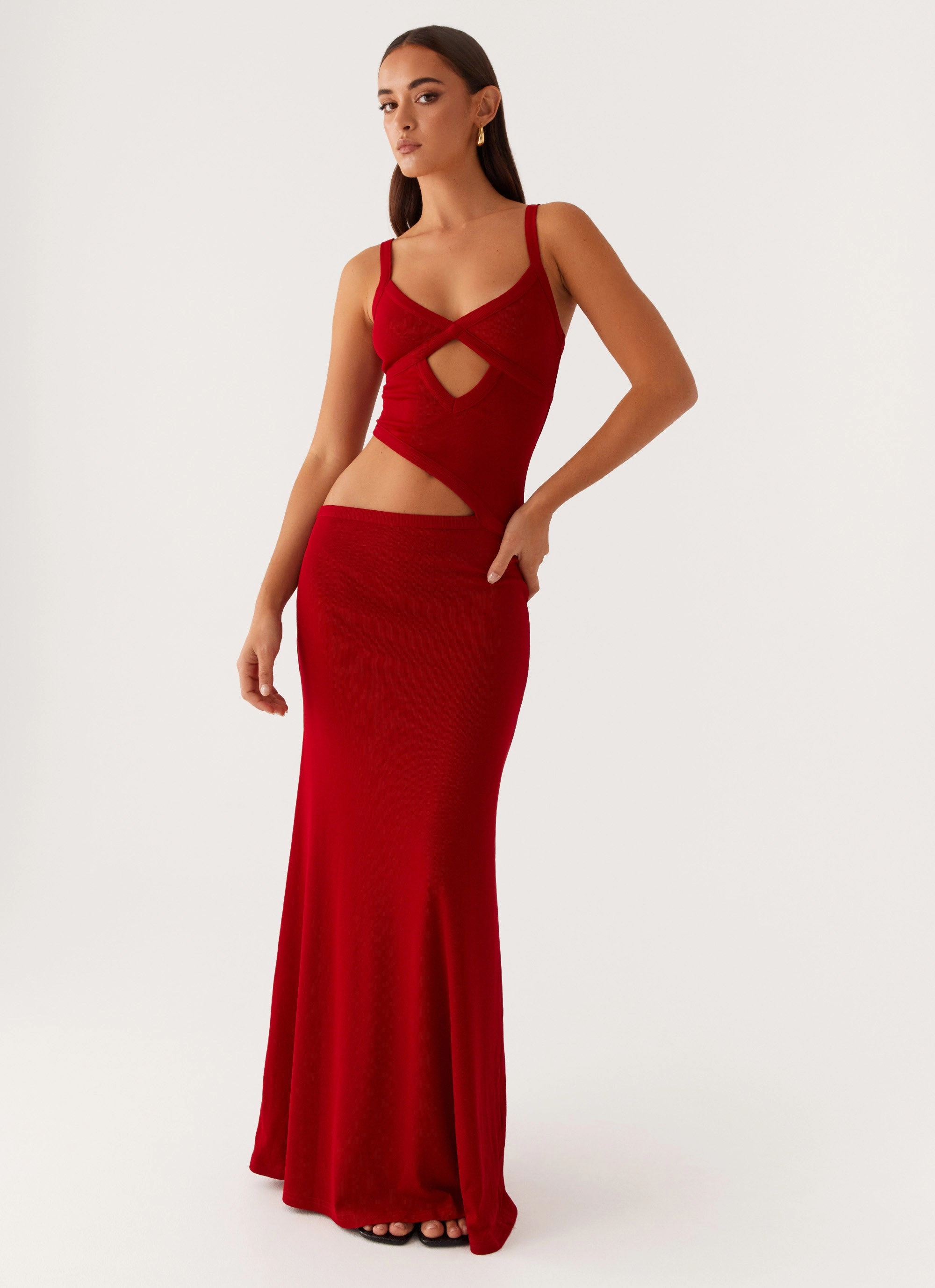 Jocelyn Maxi Dress - Red Occasion Wear Glossy Detail