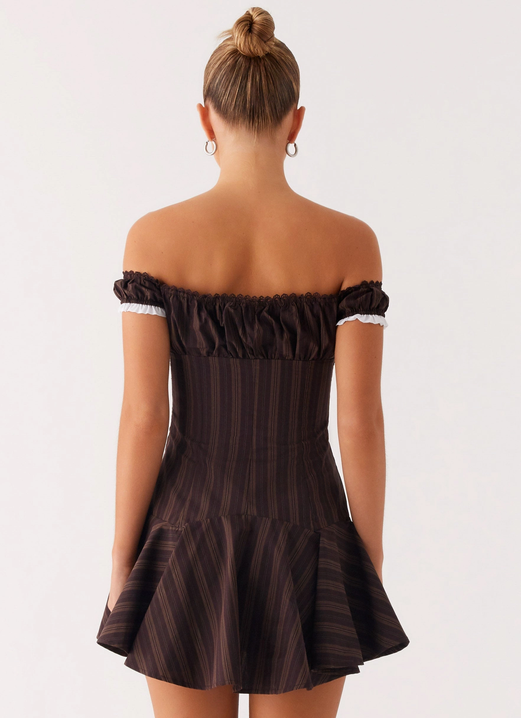 Jumana Off Shoulder Mini Dress - Toffee Stripe Date Ready