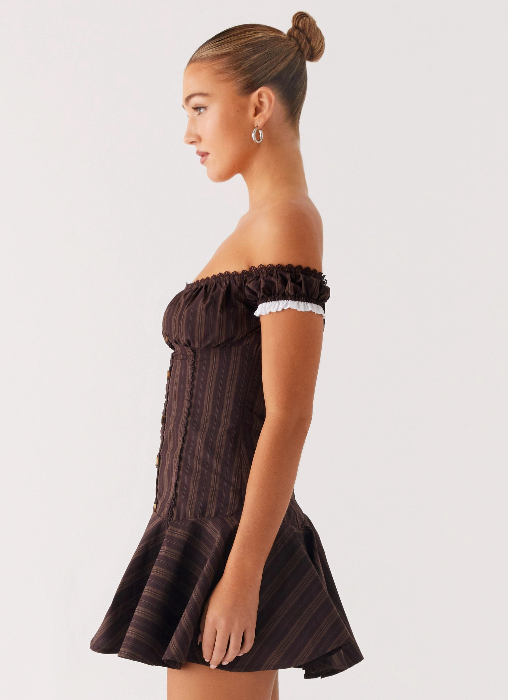 Jumana Off Shoulder Mini Dress - Toffee Stripe Evening Glow