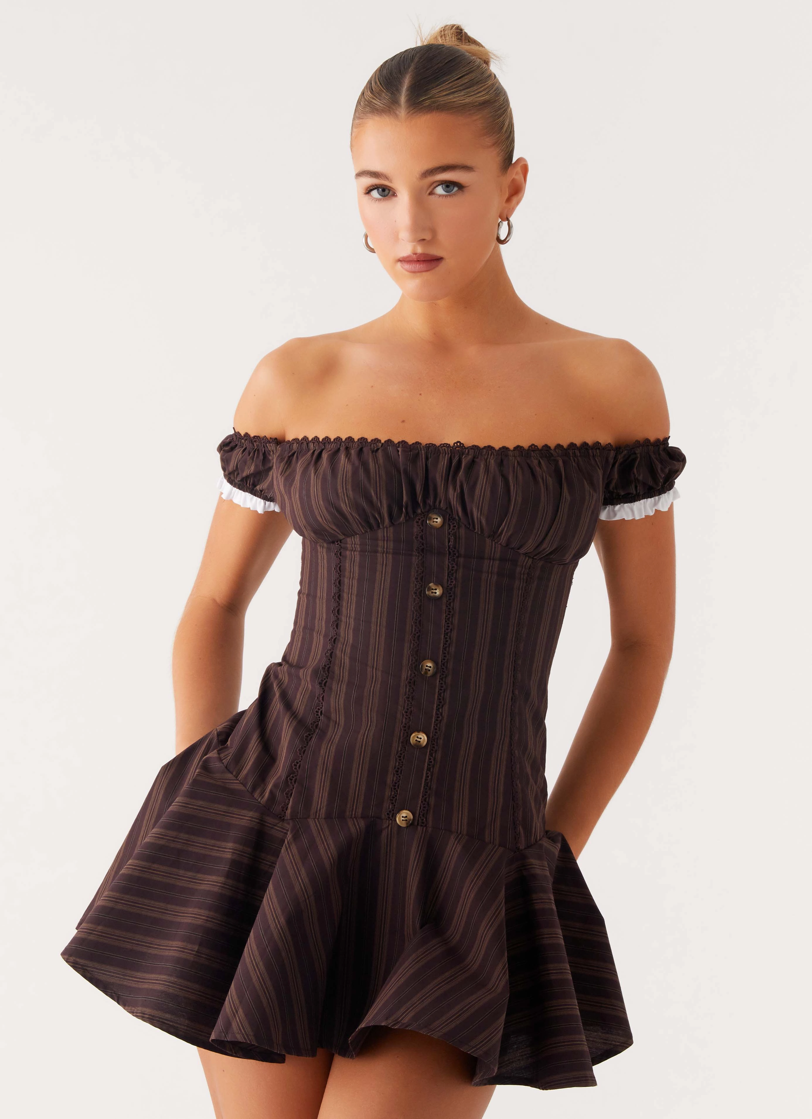 Dress-Up Style Jumana Off Shoulder Mini Dress - Toffee Stripe
