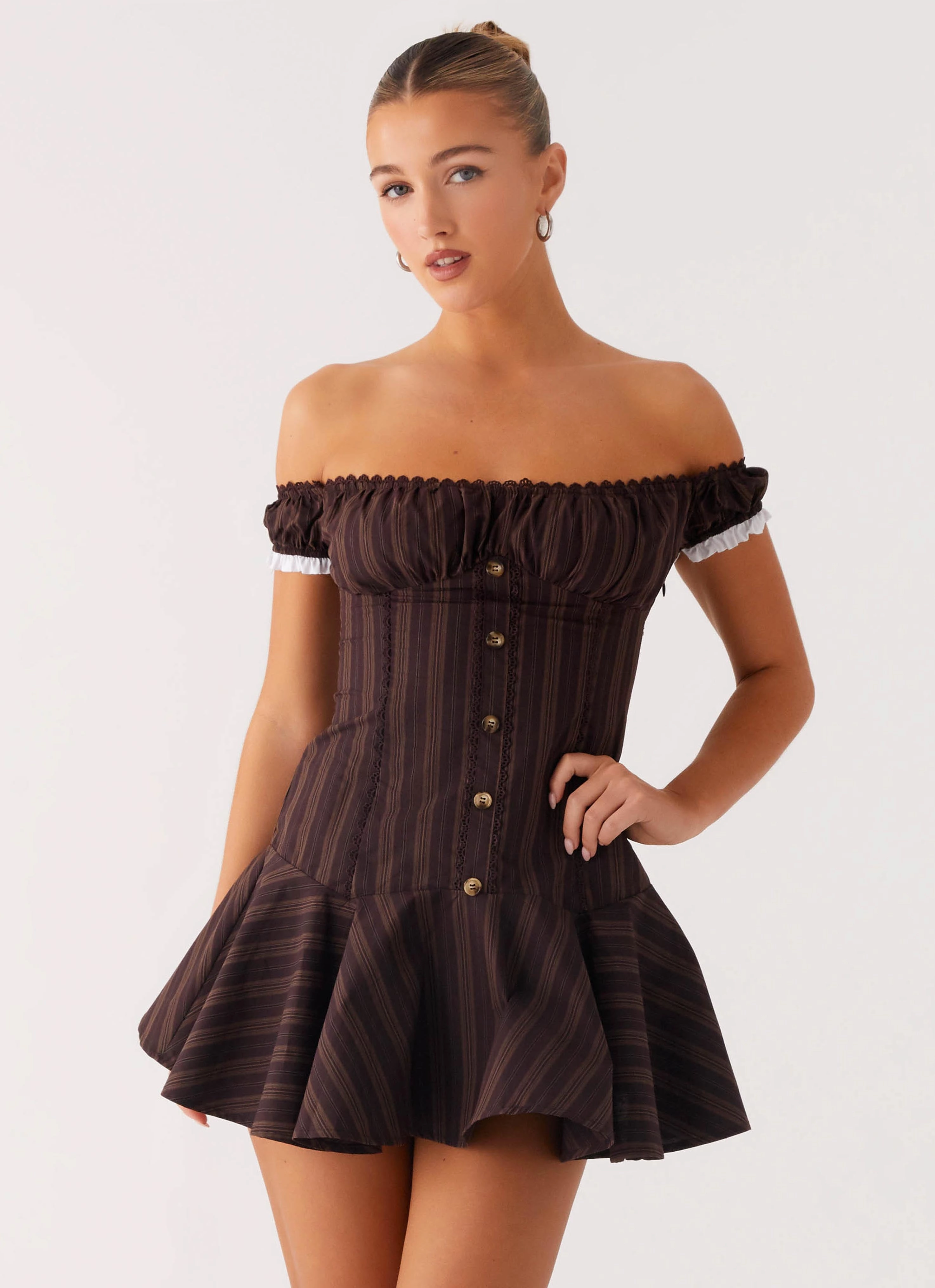 Jumana Off Shoulder Mini Dress - Toffee Stripe confident look windproof