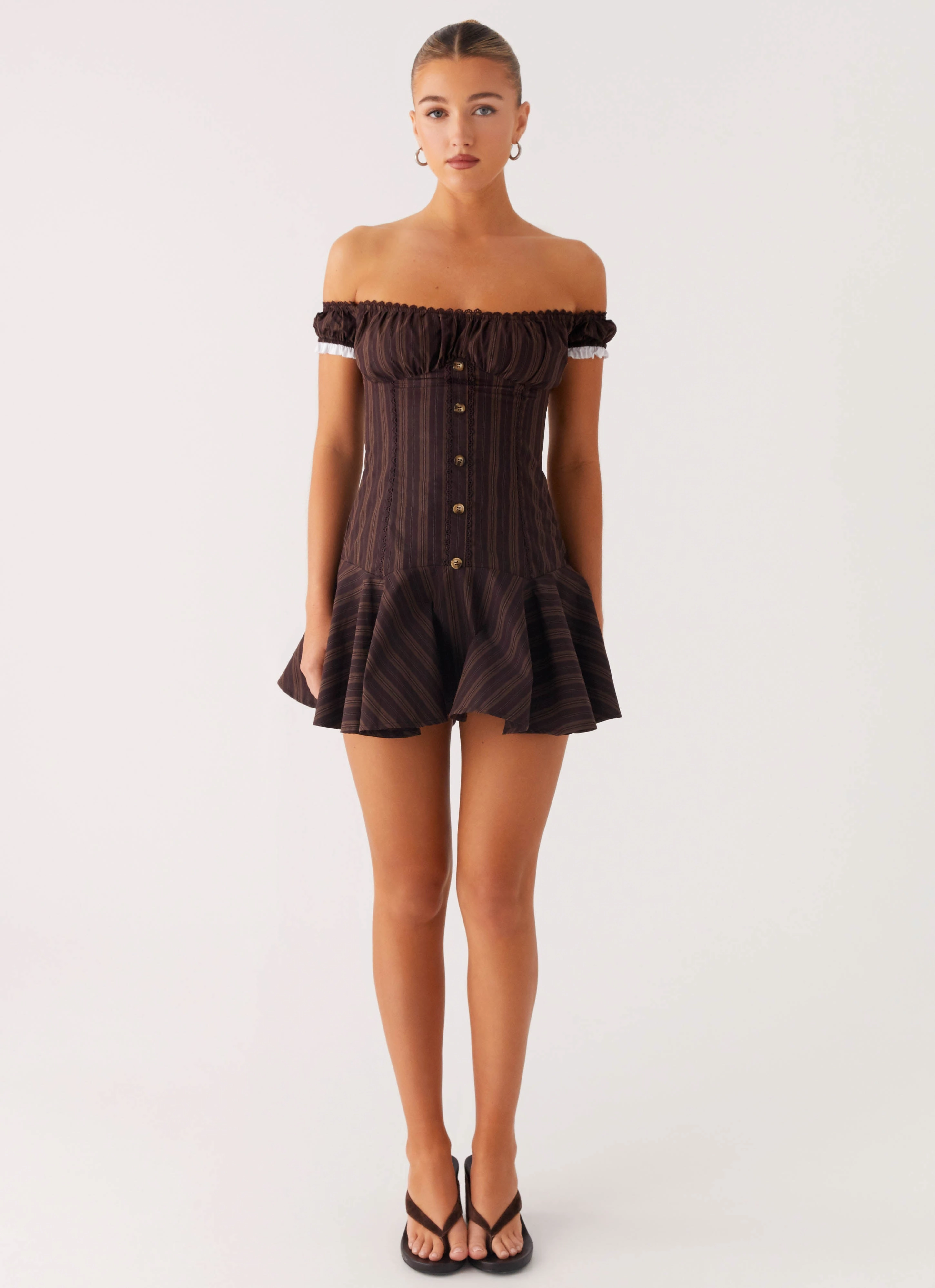 Jumana Off Shoulder Mini Dress - Toffee Stripe Dinner Outfit