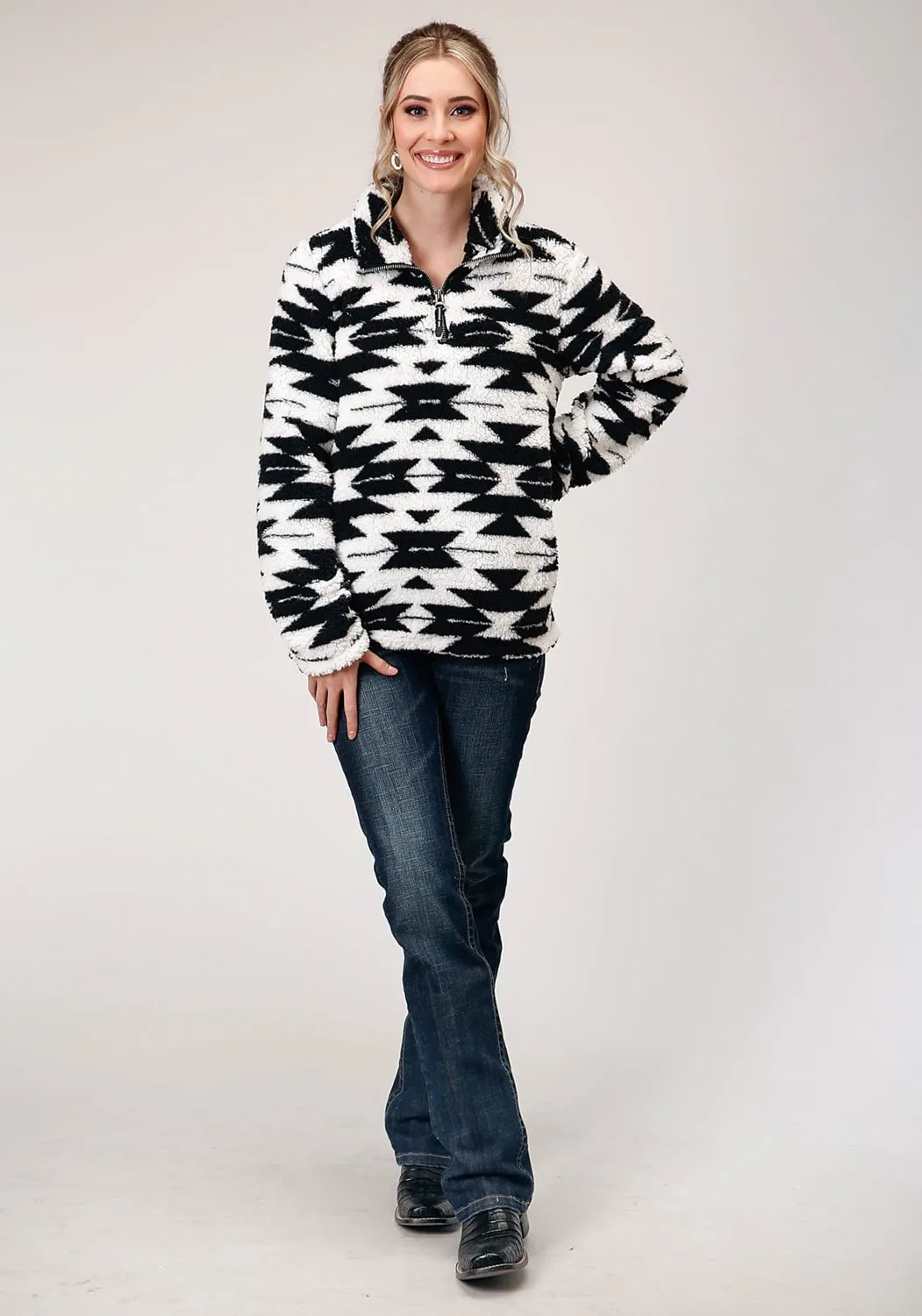 Roper Womens Black/White Polyester Polar Fleece Aztec Jacket Functional Style Evening Stroll Stretch Breathable