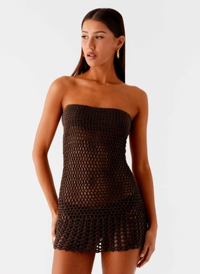 Kaiane Strapless Crochet Mini Dress - Chocolate New collection Fall Mood Gender Free Kaiane Strapless Crochet Mini Dress - Chocolate