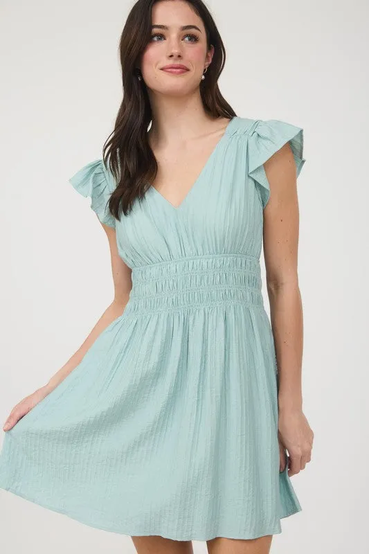 Shade Soft Cool Undertone KARLA V NECK SHIRRED WAIST RUFFLE SLEEVE MINI DRESS