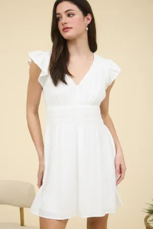 KARLA V NECK SHIRRED WAIST RUFFLE SLEEVE MINI DRESS Versatile Clothing KARLA V NECK SHIRRED WAIST RUFFLE SLEEVE MINI DRESS High-Neck