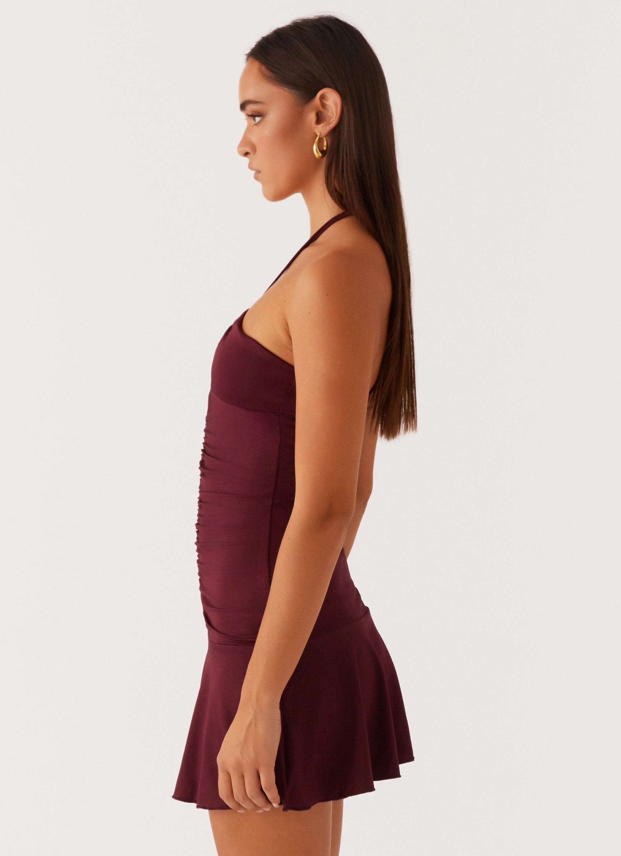 Katrina Halterneck Mini Dress - Deep Maroon Raw-Hem Lounge Comfort
