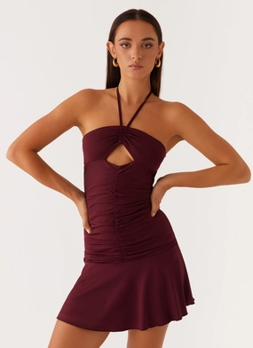 Katrina Halterneck Mini Dress - Deep Maroon Effortless Comfort Sequin-Detail Katrina Halterneck Mini Dress - Deep Maroon