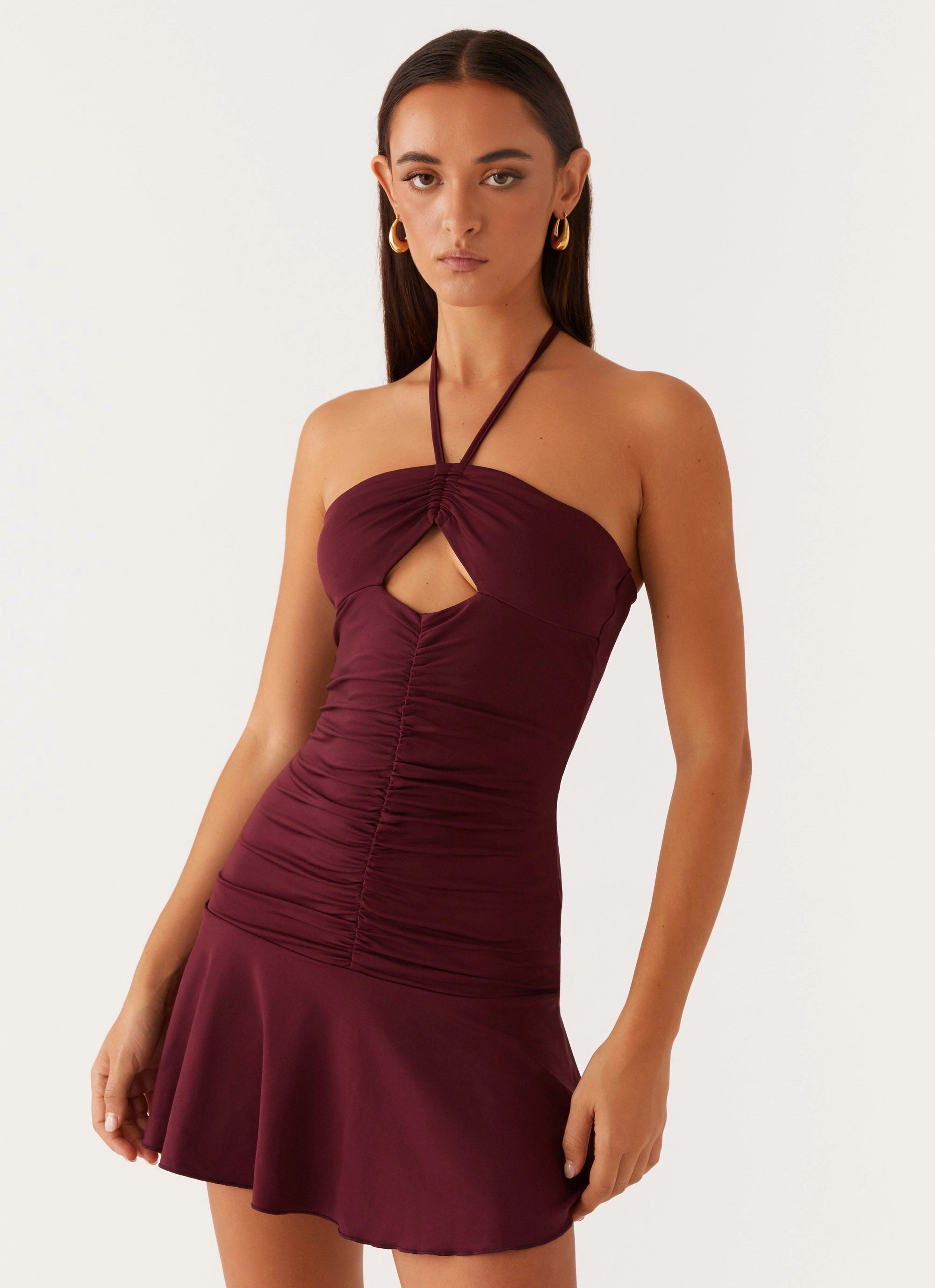 Artistic Vibe Trendy Fit Look Katrina Halterneck Mini Dress - Deep Maroon