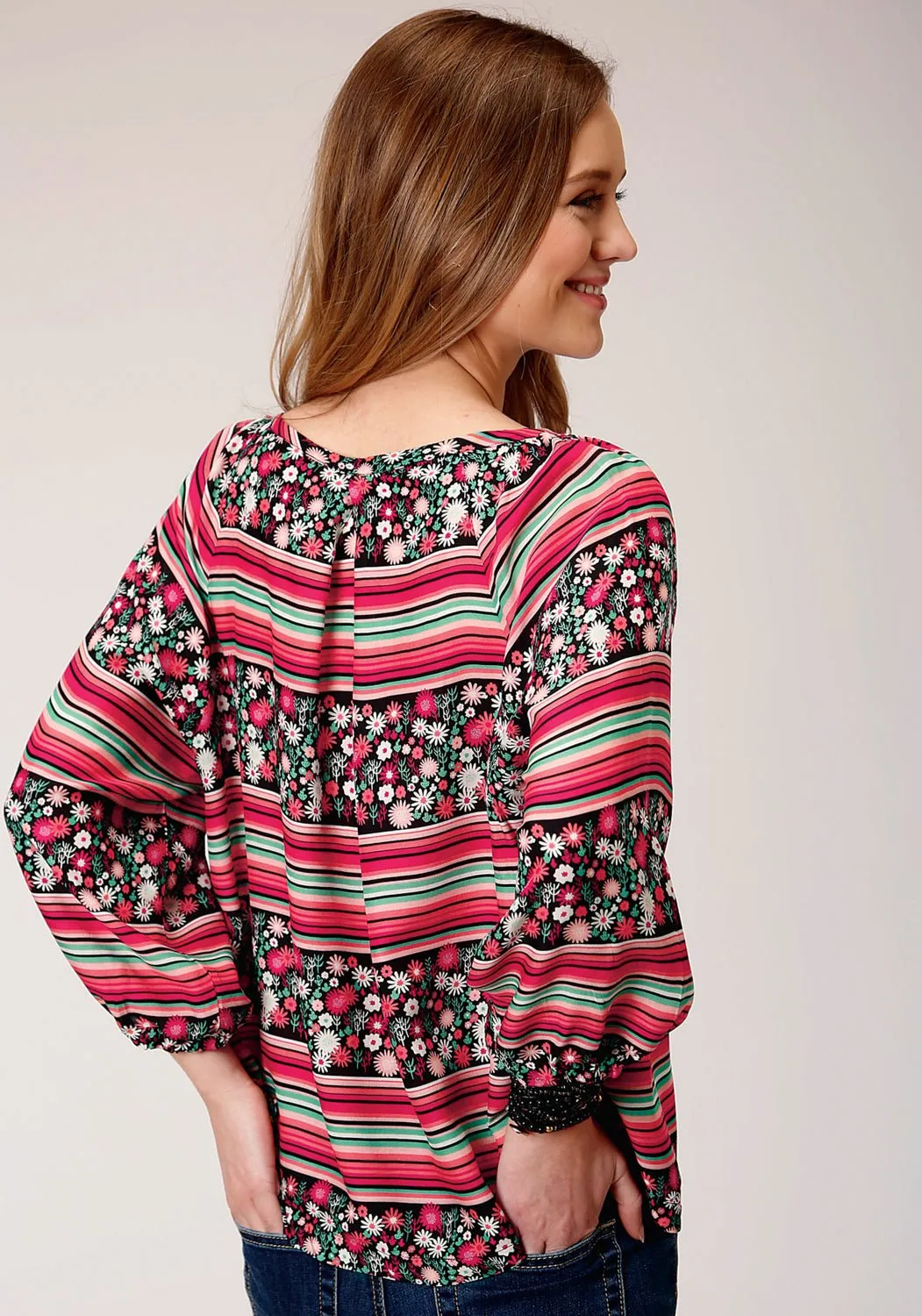 Loose High Quality Morning Stroll Roper Womens Black/Pink 100% Cotton Floral/Stripe S/S Blouse