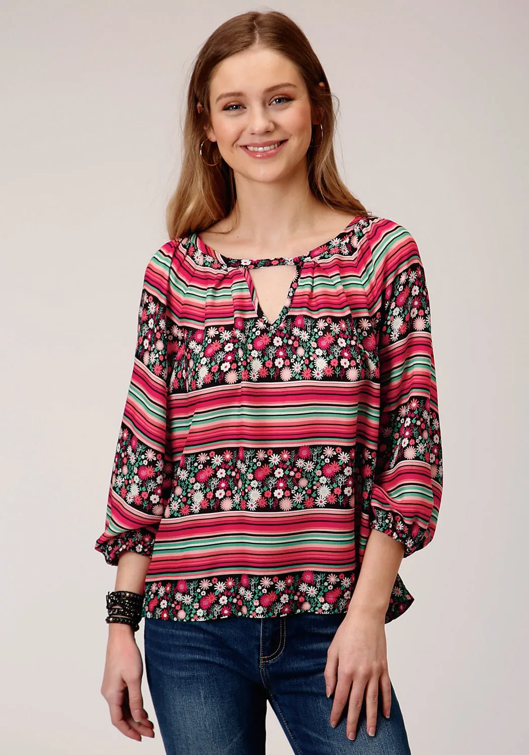 Roper Womens Black/Pink 100% Cotton Floral/Stripe S/S Blouse Weekend Style Modern