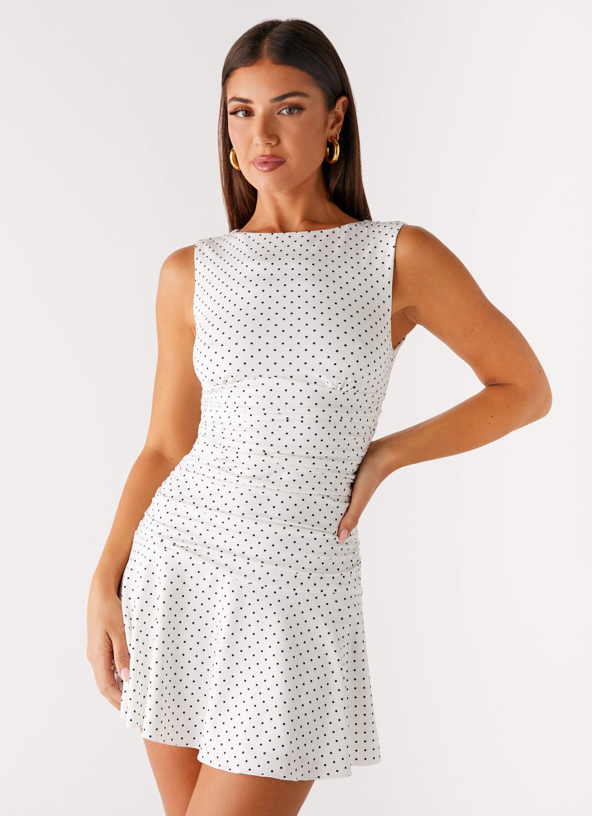 Formal Wear Draped Silhouette Kelda Mini Dress - White Polka Dot