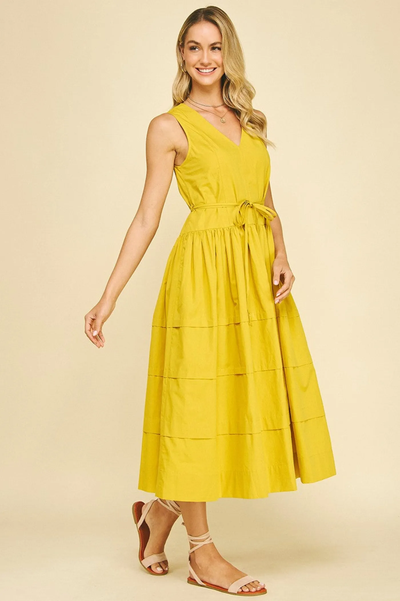 KELLY V-NECK TIERED MIDI DRESS Satin-Sleeve
