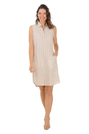 Khaki Striped Sleeveless Dress Fully Lined Smart Look Khaki Striped Sleeveless Dress