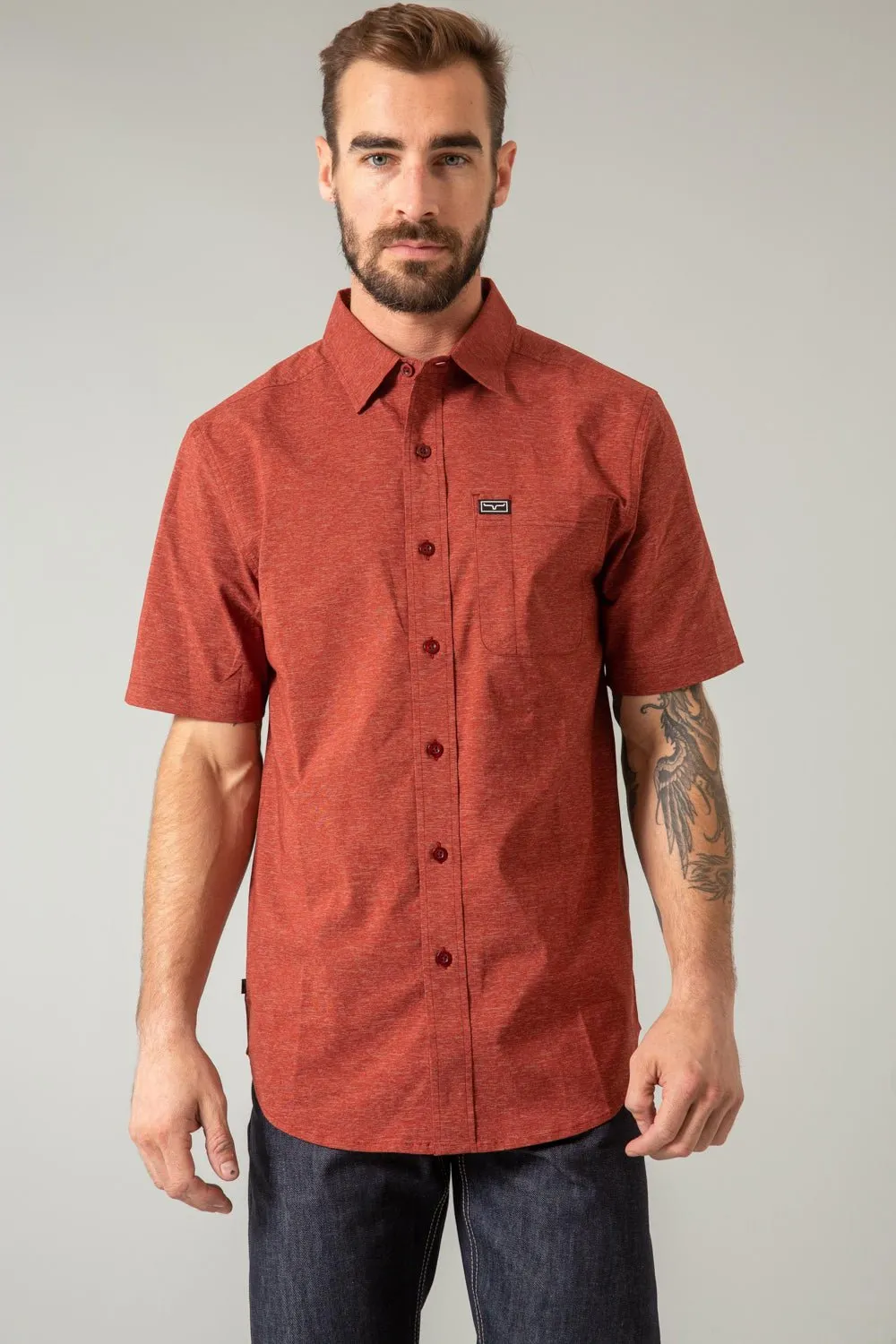 Abrasion resistant Kimes Ranch Mens Linville Solid Dark Red Cotton Blend S/S Shirt