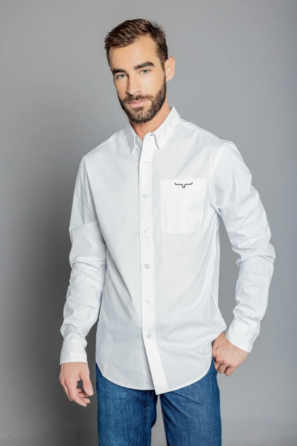 Kimes Ranch Mens Team Shirt White Cotton Blend L/S Shirt Embroidered Detail Brushed Inner Lining