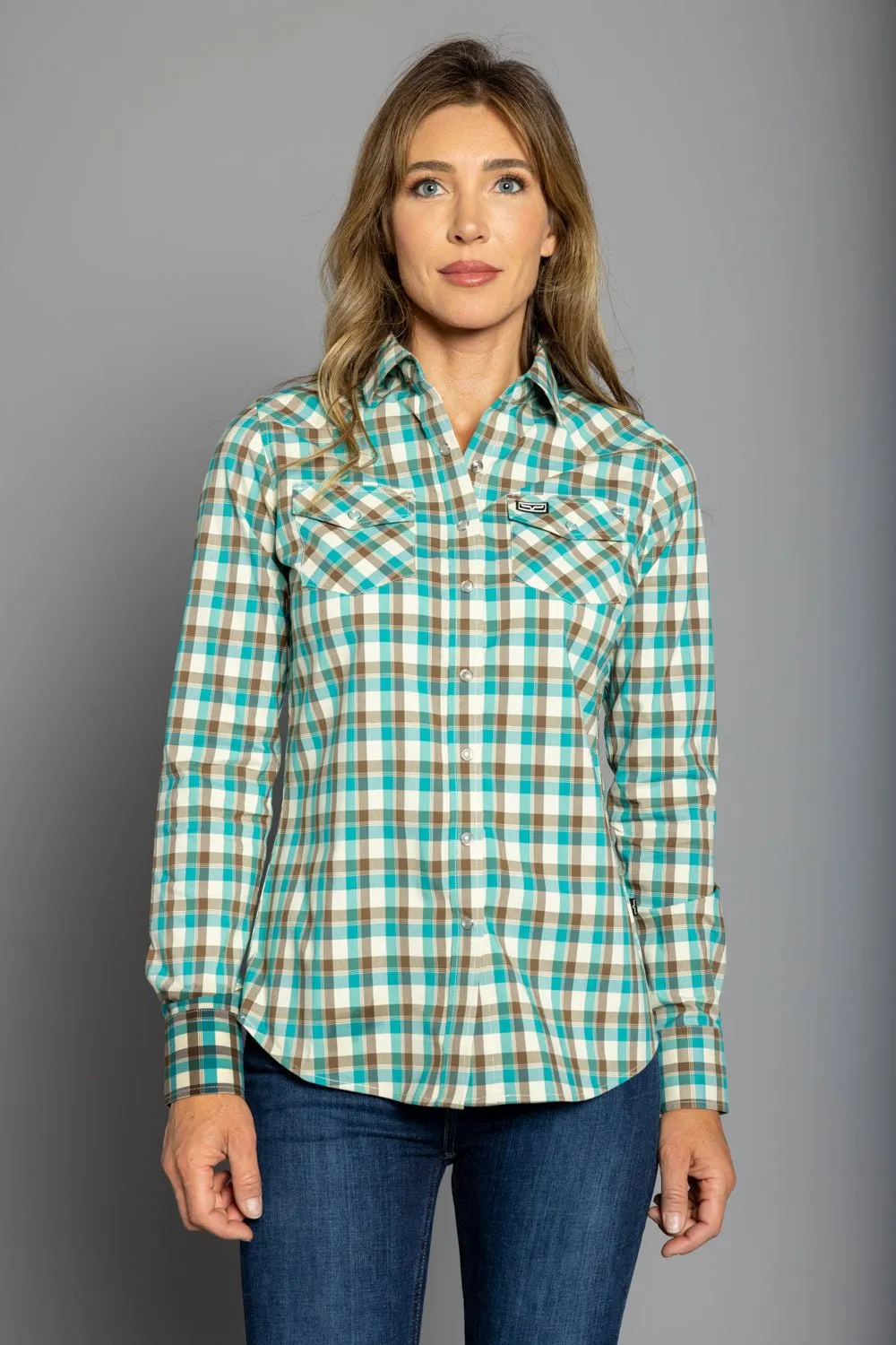 elegant design Odorless Binding Tape Kimes Ranch Womens Go Round Teal Cotton Blend L/S Shirt