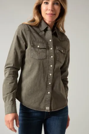 Kimes Ranch Womens Kaycee Denim Army 100% Cotton L/S Shirt Weekend Casual Kimes Ranch Womens Kaycee Denim Army 100% Cotton L/S Shirt Chill Wear Premium Comfort