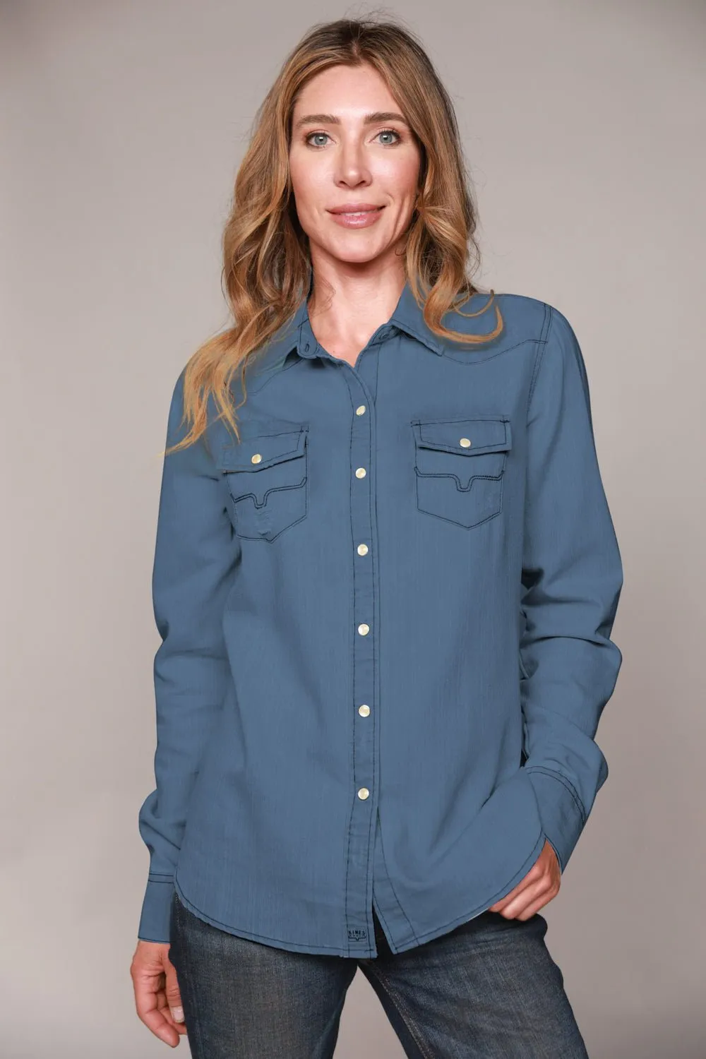 Kimes Ranch Womens Kaycee Top Dark Denim Cotton Blend L/S Shirt tailored look
