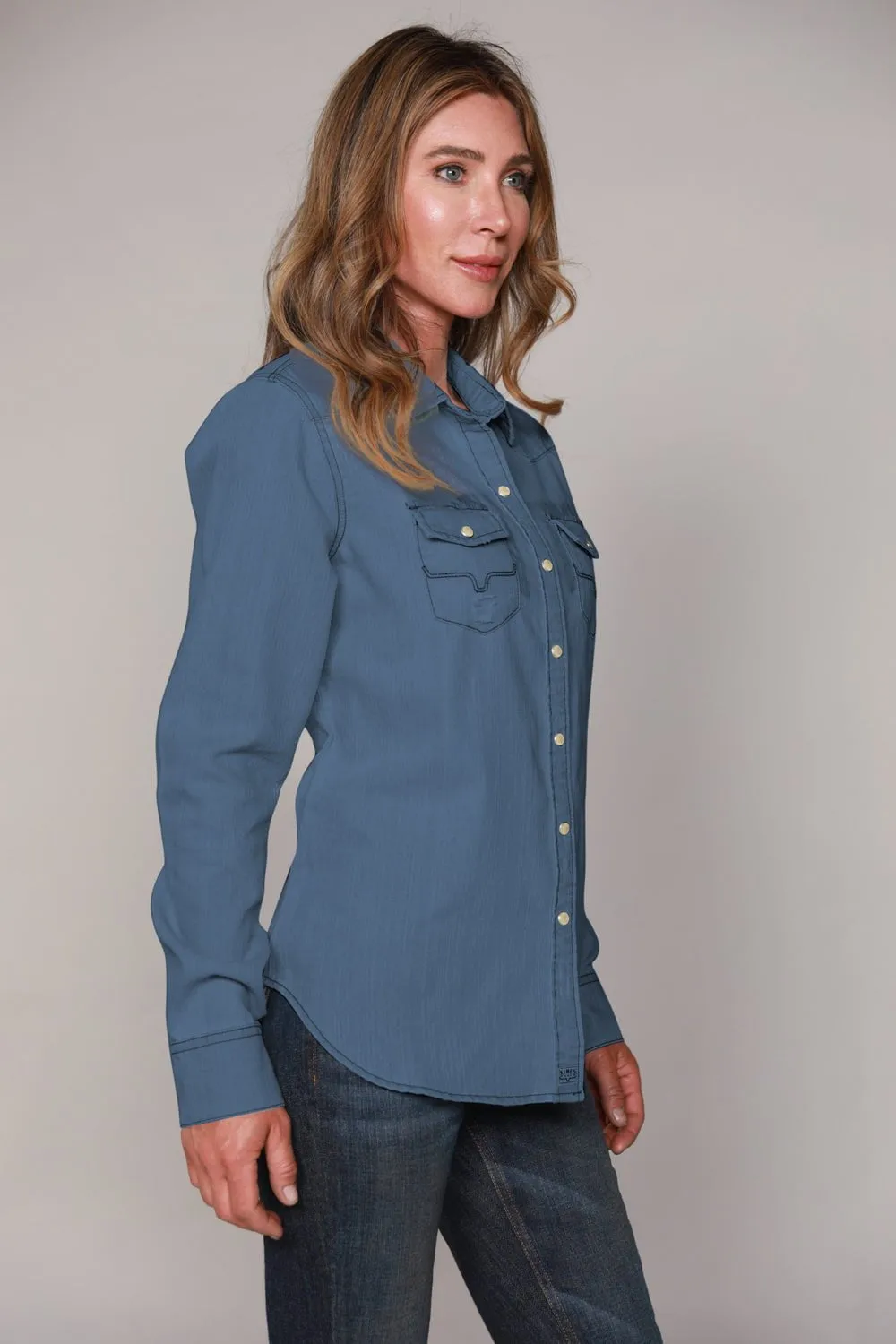 Kimes Ranch Womens Kaycee Top Dark Denim Cotton Blend L/S Shirt Statement Maker