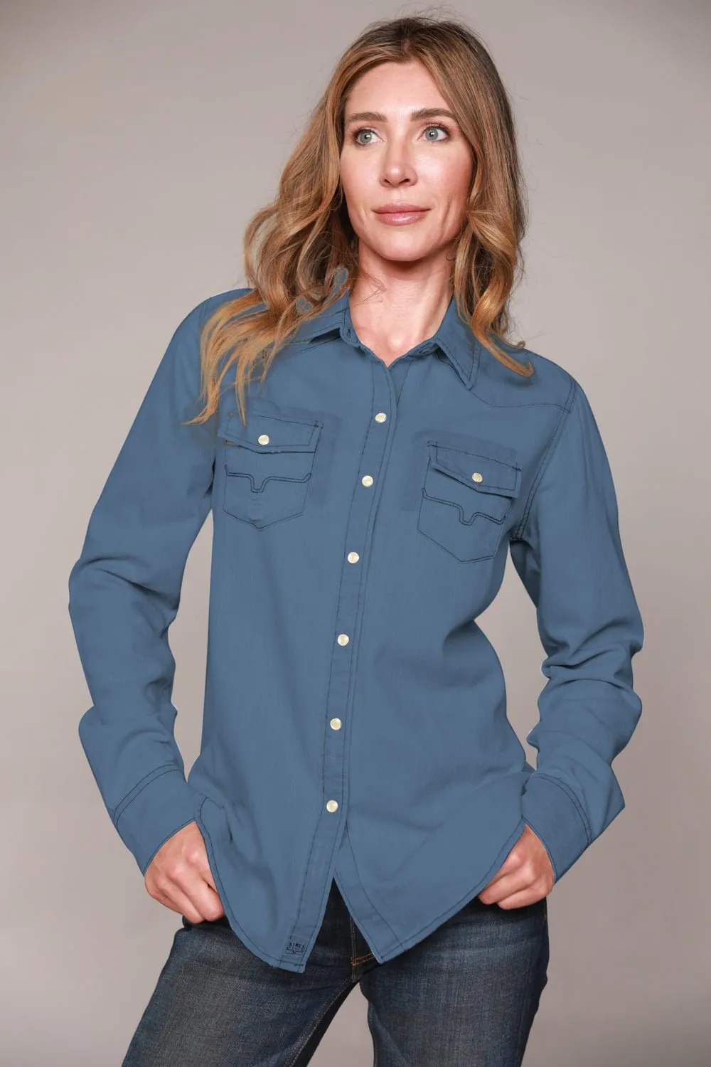 Dressy look Kimes Ranch Womens Kaycee Top Dark Denim Cotton Blend L/S Shirt