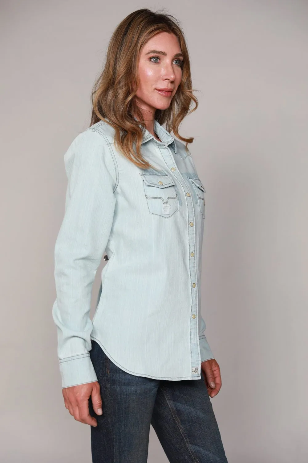 Kimes Ranch Womens Kaycee Top Destroy Denim Cotton Blend L/S Shirt Regular Fit
