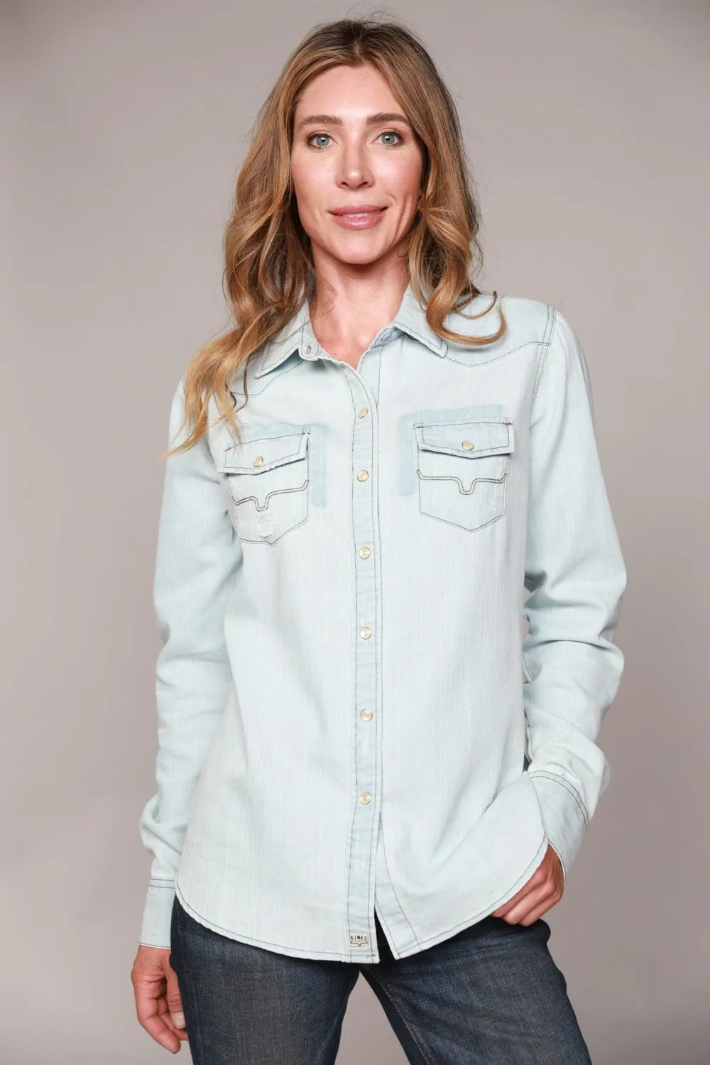 Kimes Ranch Womens Kaycee Top Destroy Denim Cotton Blend L/S Shirt Fashion Statement Bamboo Fiber Blend