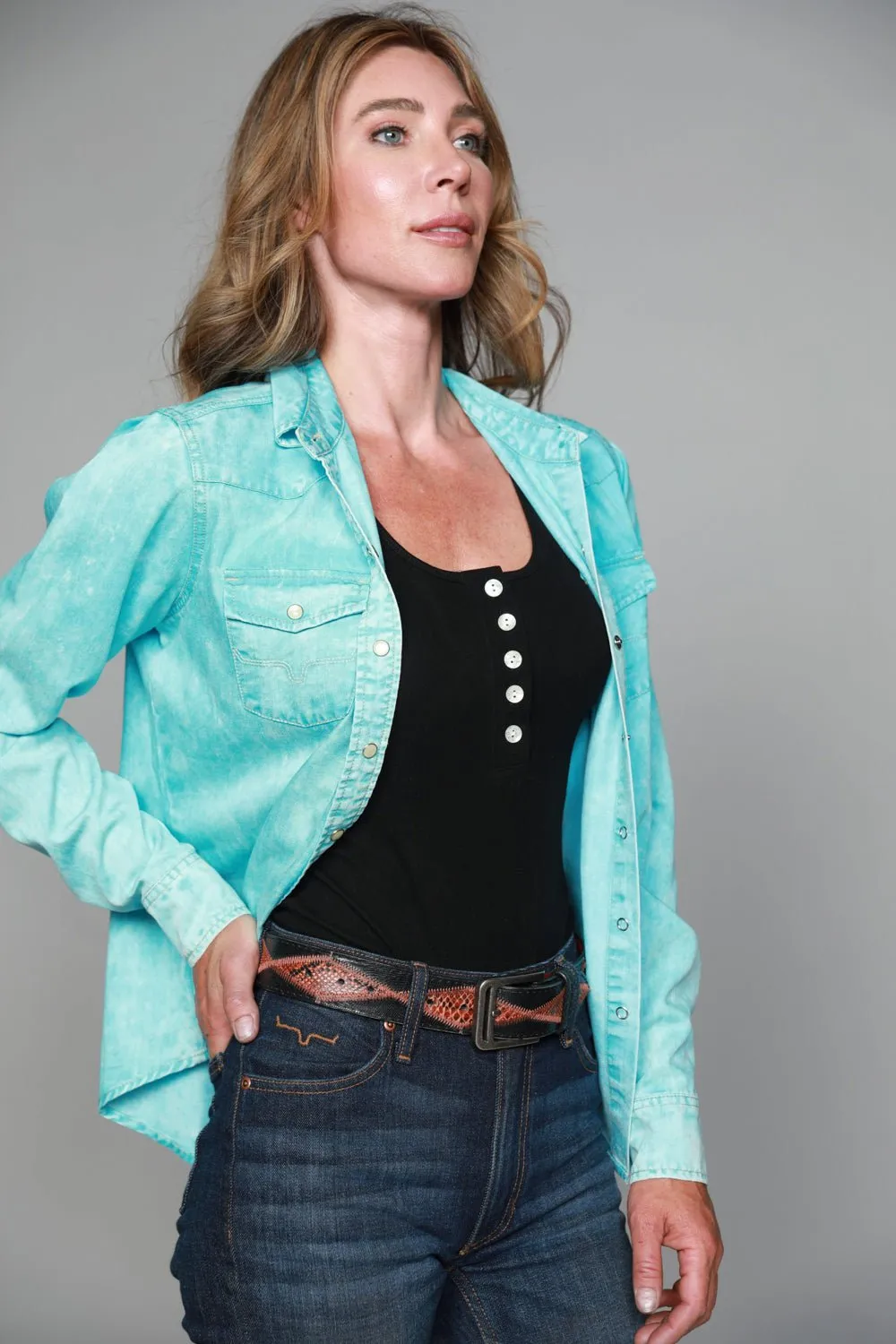 Kimes Ranch Womens KC Top Turquoise 100% Tencel L/S Western Shirt Affordable Luxury Plaid Design