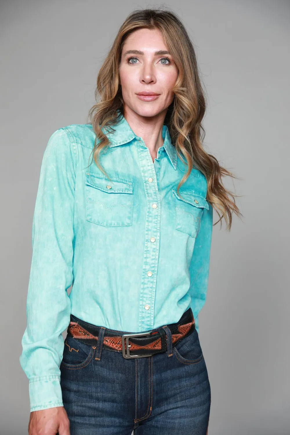 Embellished Neckline Urban Comfort Kimes Ranch Womens KC Top Turquoise 100% Tencel L/S Western Shirt