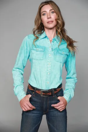 Kimes Ranch Womens KC Top Turquoise 100% Tencel L/S Western Shirt Chic Style Kimes Ranch Womens KC Top Turquoise 100% Tencel L/S Western Shirt Tailored Style