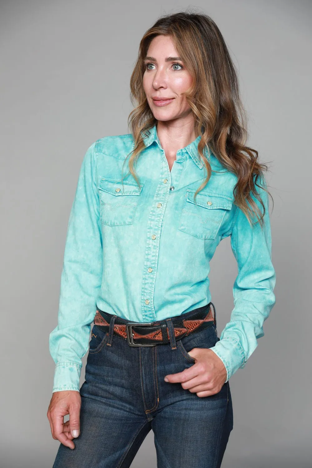 Corporate Wear Casual Layer Kimes Ranch Womens KC Top Turquoise 100% Tencel L/S Western Shirt