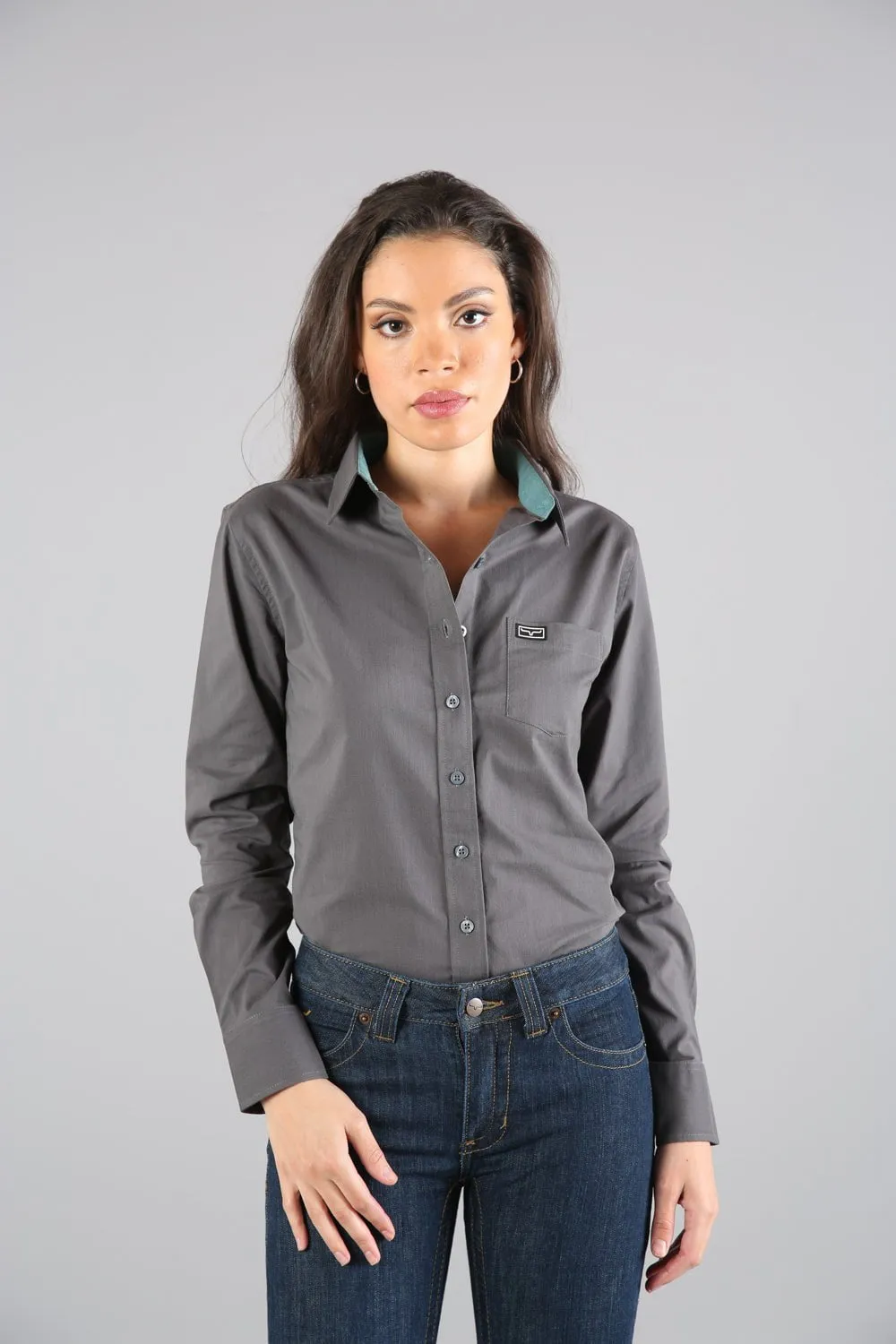 Anti Static Lining Embroidered Logo Kimes Ranch Womens Linville Pewter Cotton blend L/S Shirt