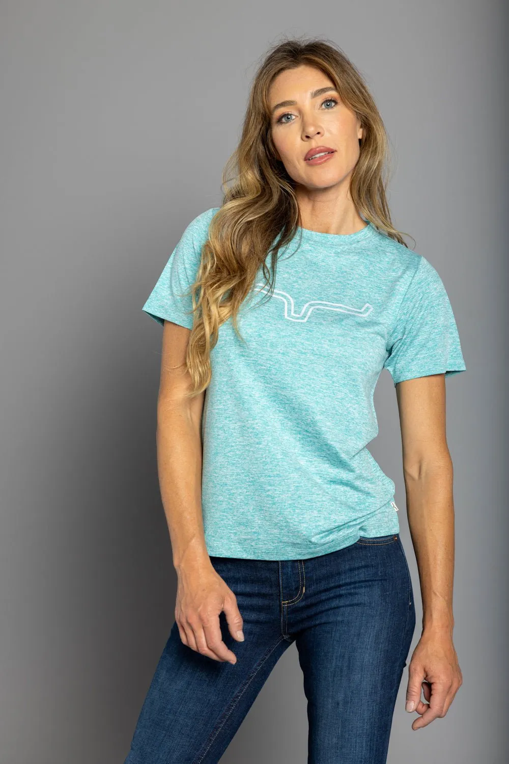 Kimes Ranch Womens Outlier Tech Tee Light Blue Heather Cotton Blend S/S T-Shirt Youth fashion Active Lifestyle