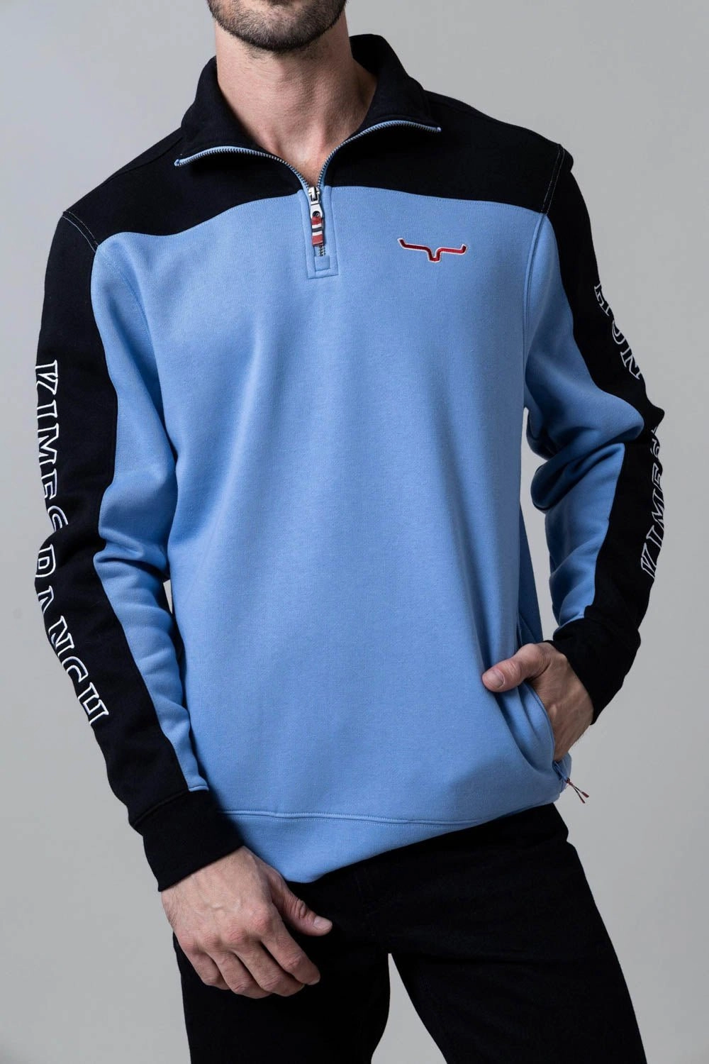 Cozy Fit Kimes Ranch Mens Competitor Light Blue Poly/Cotton 1/4 Zip Sweater