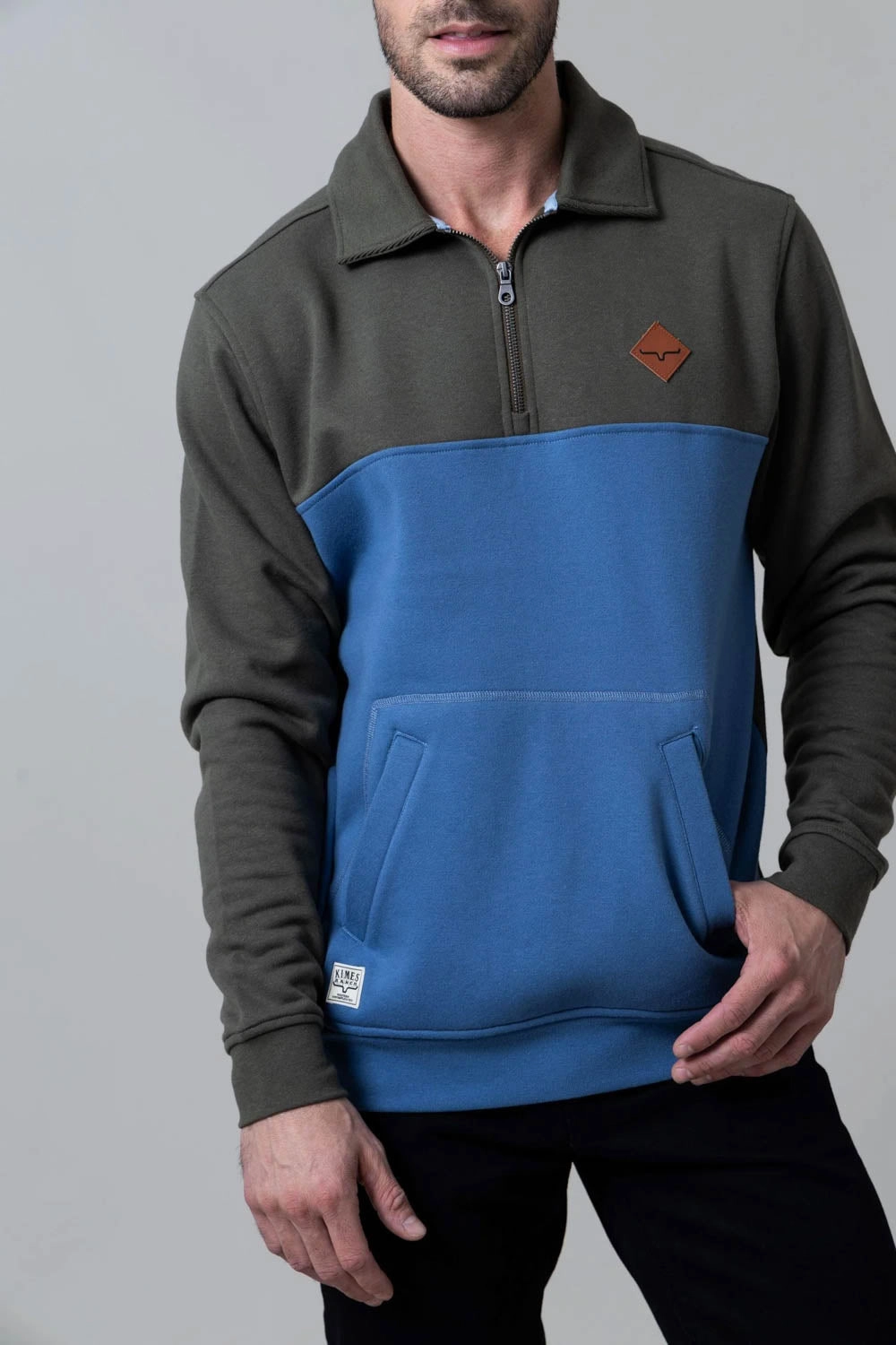 Kimes Ranch Mens Diamond Head Army/Blue Cotton Blend 1/4 Zip Sweater Mesh Insert