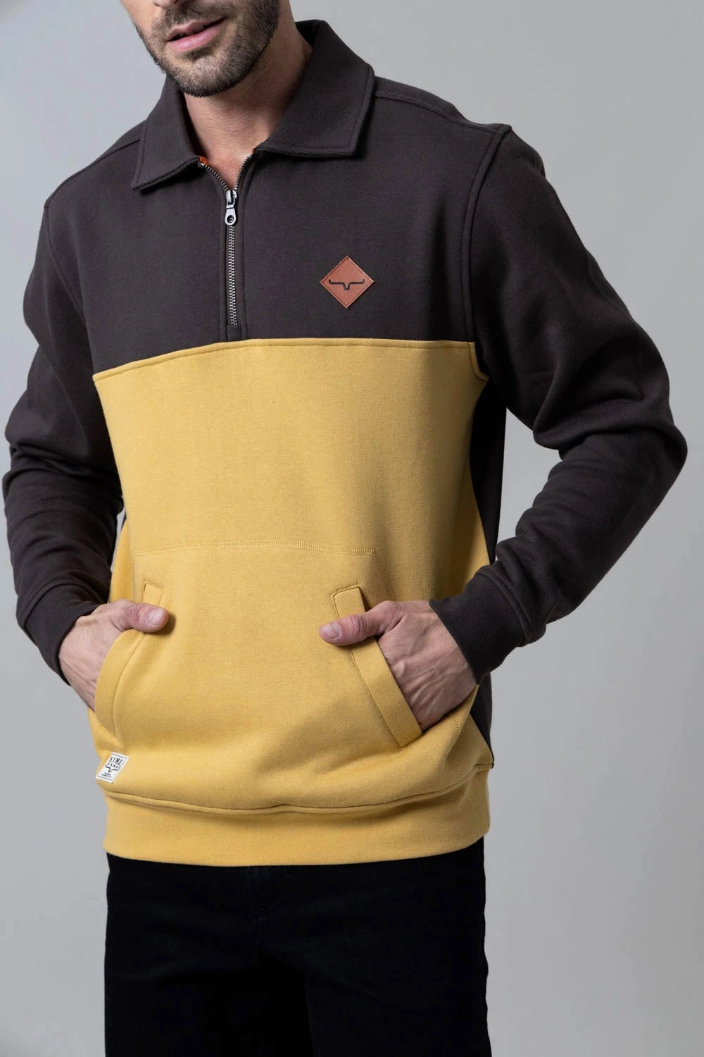 Workwear Casual Kimes Ranch Mens Diamond Head Brown/Mustard Cotton Blend 1/4 Zip Sweater