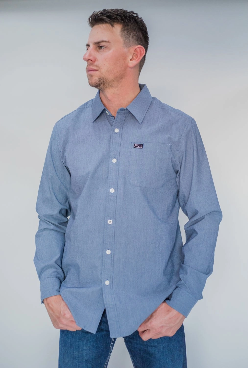 Kimes Ranch Mens Linville Solid Shirt Navy Cotton Blend L/S Western Eco Friendly Material Active Lifestyle
