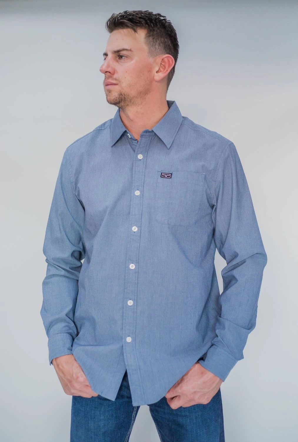 Kimes Ranch Mens Linville Solid Shirt Navy Cotton Blend L/S Western Fashion staples Essential Wardrobe