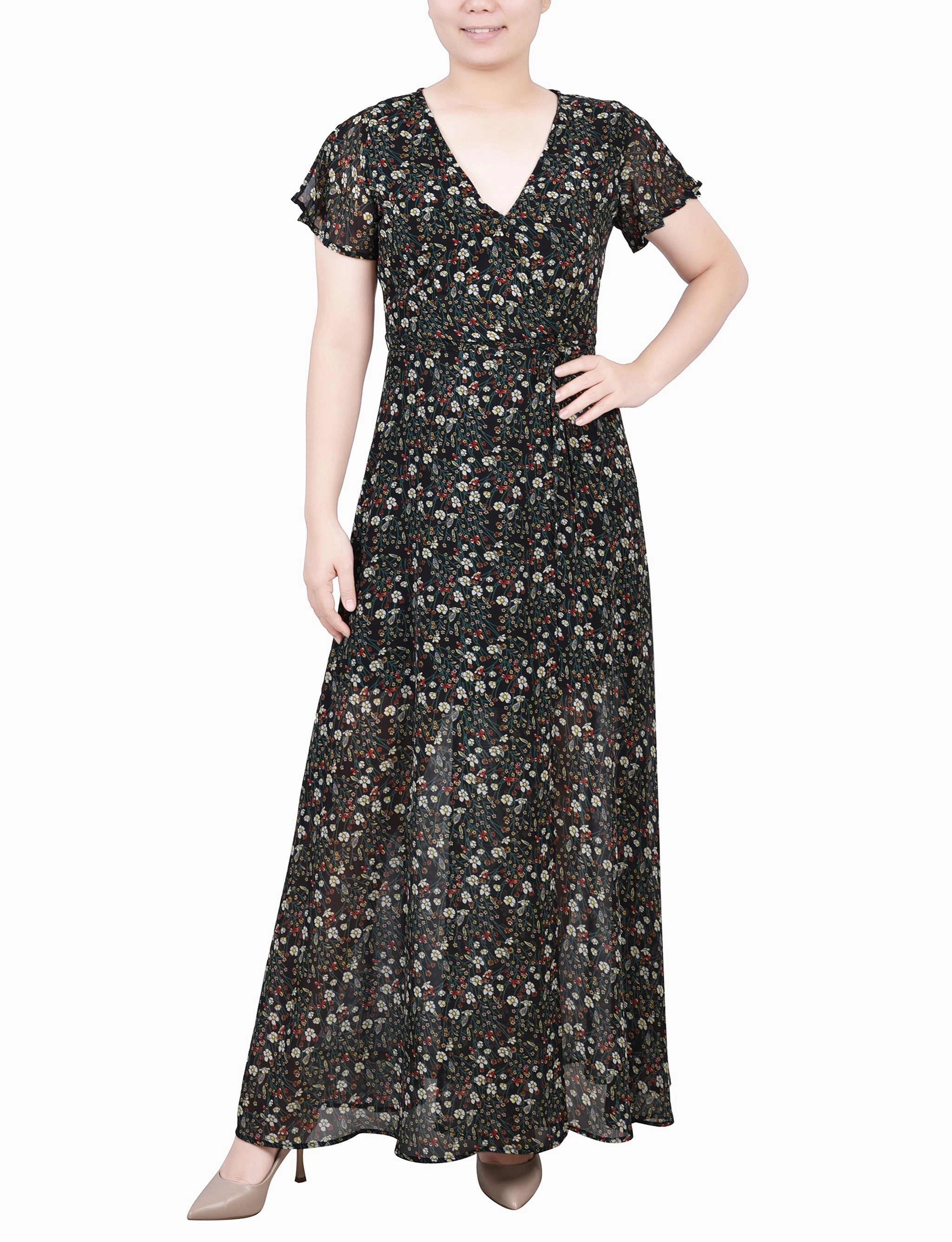 Short Sleeve Chiffon Wrap Maxi Dress Draped Layer Classic structured dress
