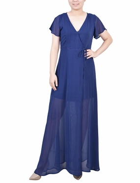 Knife Pleats Short Sleeve Chiffon Wrap Maxi Dress Short Sleeve Chiffon Wrap Maxi Dress Soft Feel