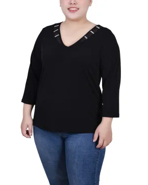 Knotted Detail Plus Size 3/4 Sleeve Top With Illusion Neckline and Stones Plus Size 3/4 Sleeve Top With Illusion Neckline and Stones Night Party