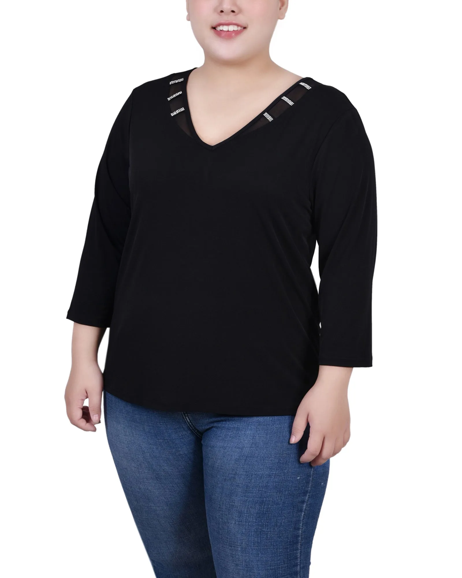 Silky Shine Natural Texture Plus Size 3/4 Sleeve Top With Illusion Neckline and Stones