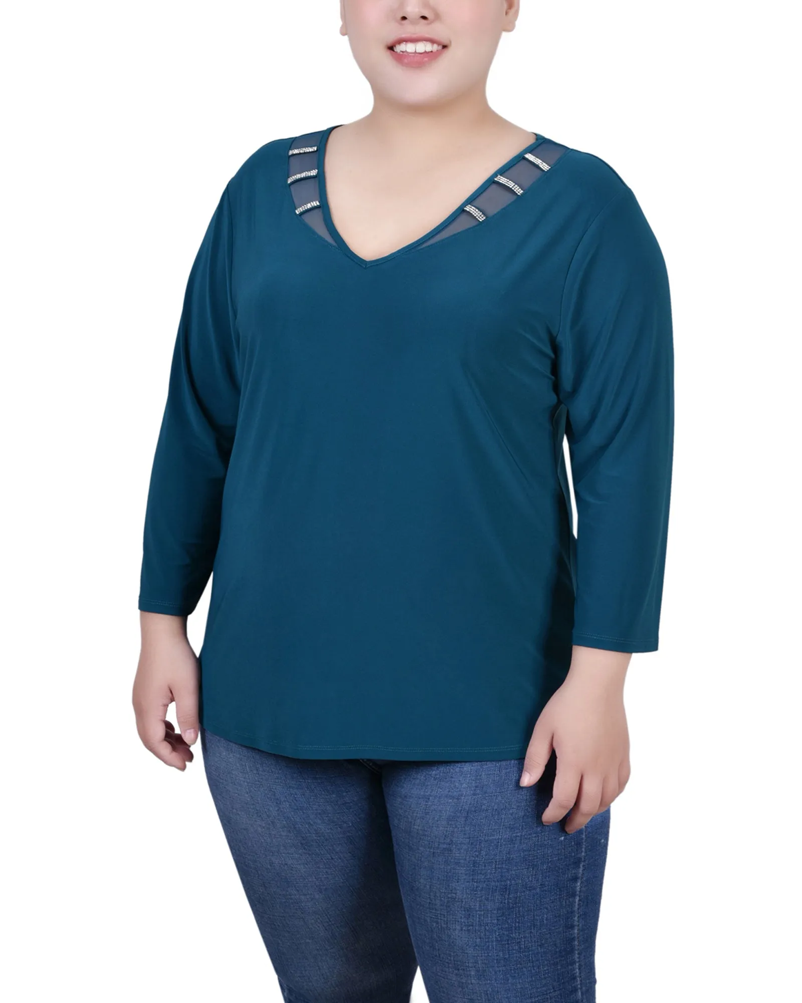 Color Soft Flowing Layers Plus Size 3/4 Sleeve Top With Illusion Neckline and Stones