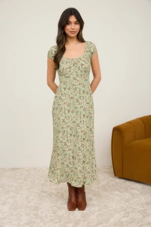 Kora Floral Scoop Neck Ruched Short Sleeve Midi Dress Luxe Wear Kora Floral Scoop Neck Ruched Short Sleeve Midi Dress Luxurious Feel