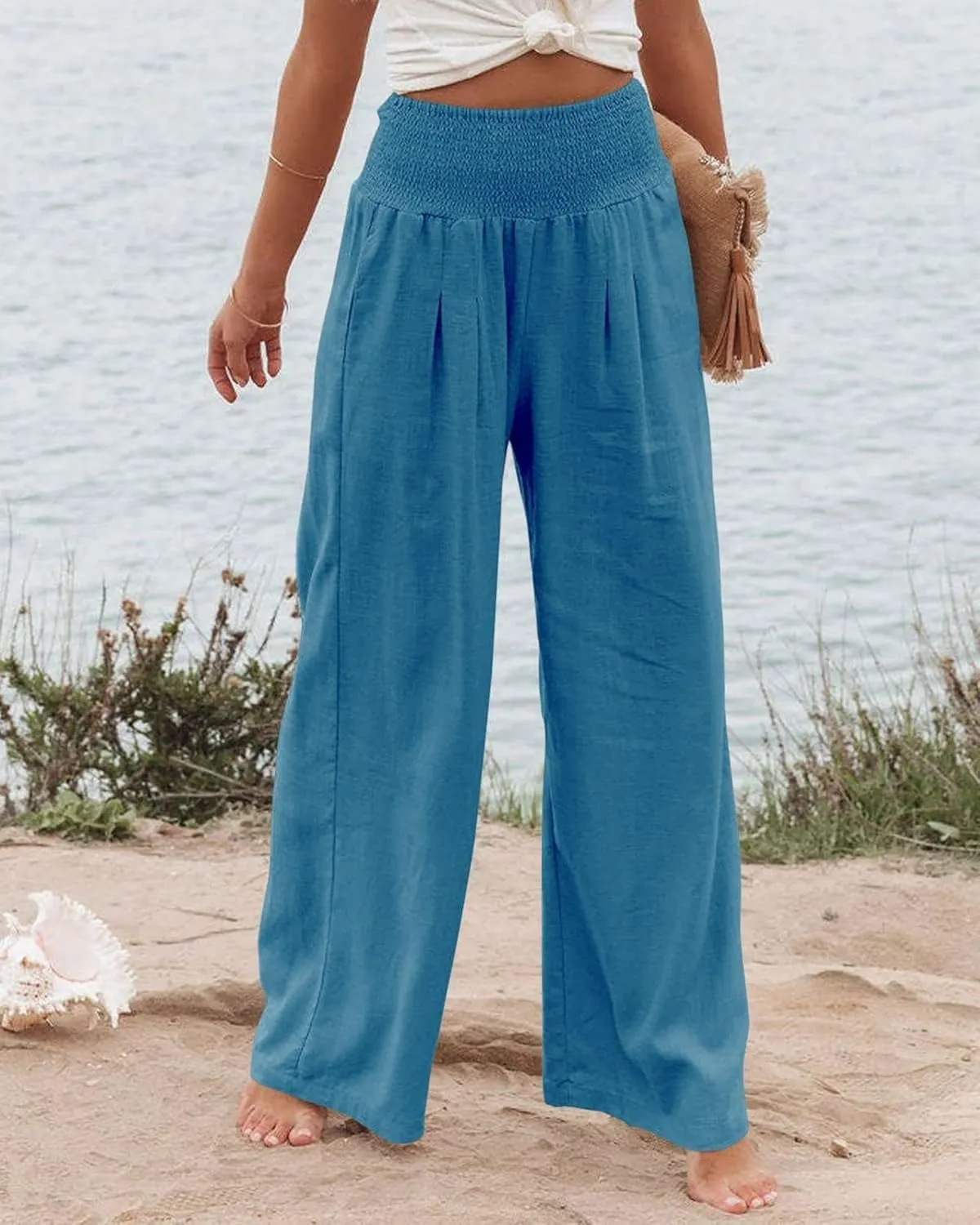 Kubbon Women Linen Palazzo Pants High Waist Casual Pants Wide Leg Long Lounge Pant Trousers Beach Travel Vacation Outfits