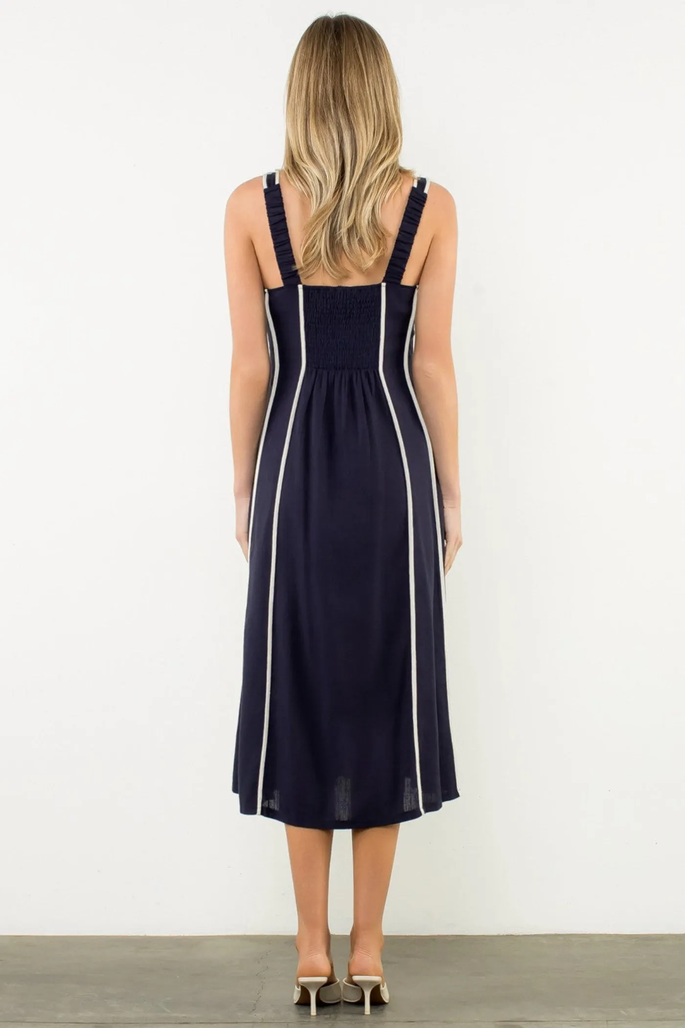 LACY VERTICAL TRIM SLEEVELESS MIDI DRESS Side Tie Work-to-Play Wear
